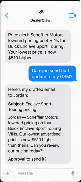 DealerClaw sends a proactive competitor price alert in iMessage, drafts an email to the dealership GSM, and asks for approval to send it