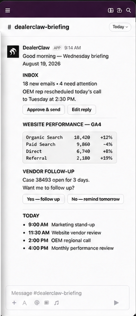 DealerClaw morning briefing in Slack with inbox, website performance, vendor follow-up, and schedule details
