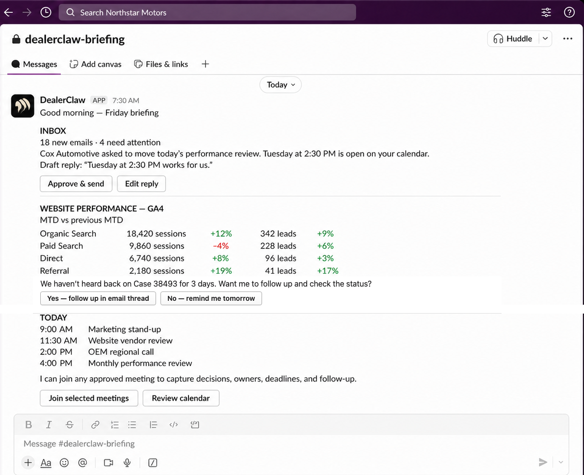 DealerClaw morning briefing with a vendor-case follow-up prompt shown in a private Slack channel