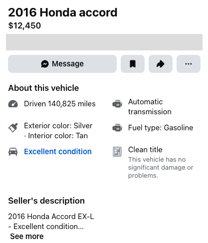 Original Facebook Marketplace listing for a 2016 Honda Accord at $12,450, with the location redacted and seller description collapsed