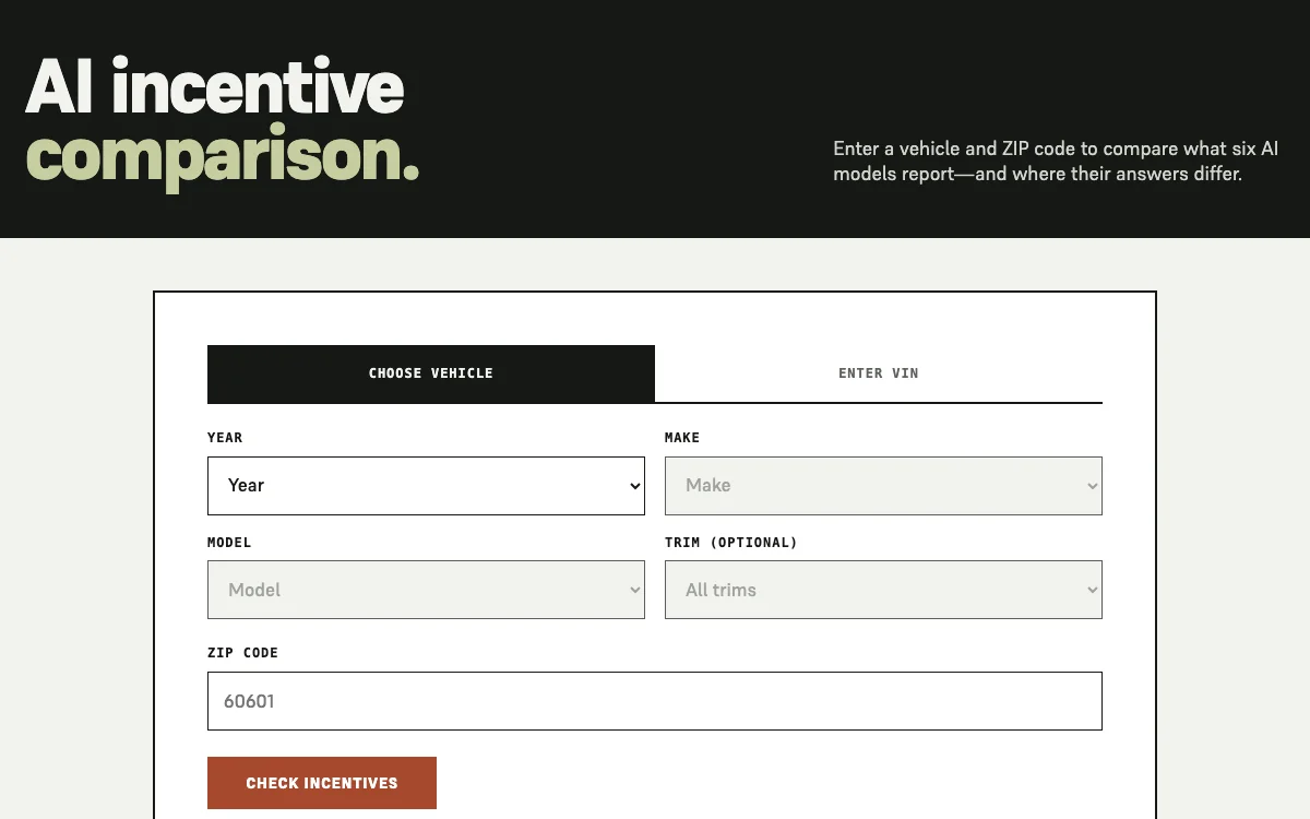 AI Incentive Comparison vehicle and ZIP code form
