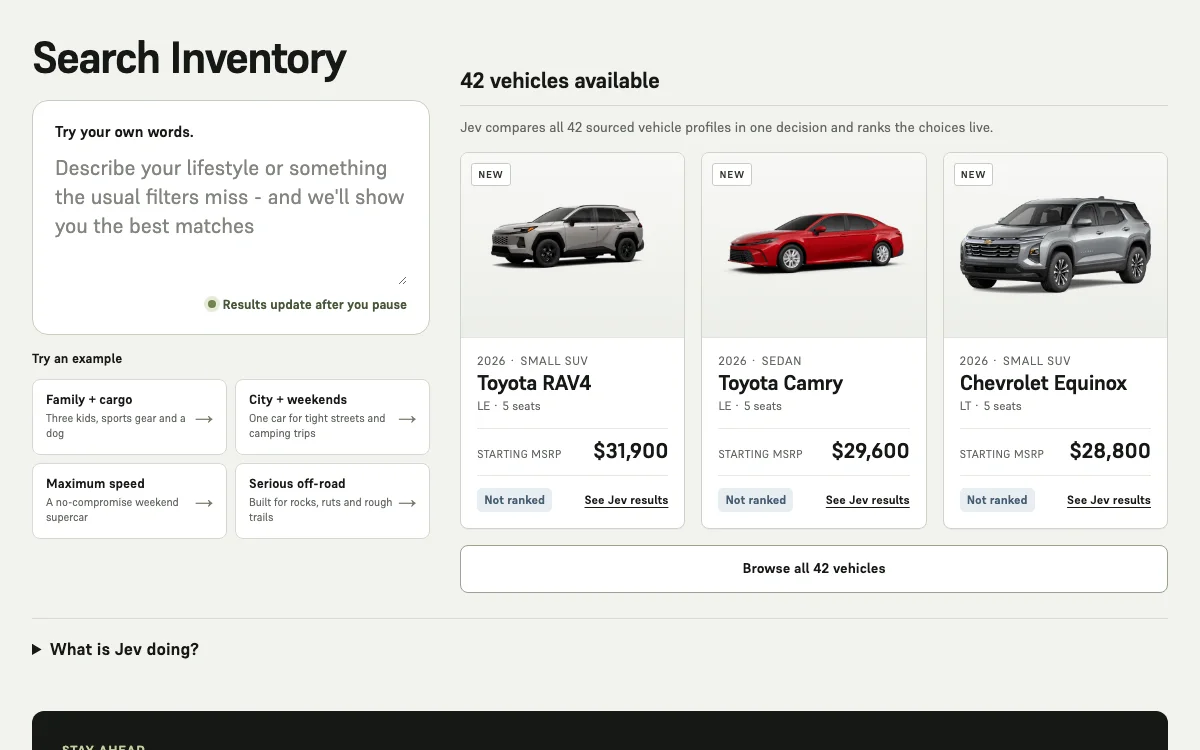 Jev vehicle-matching demo with vehicle profiles and a request field